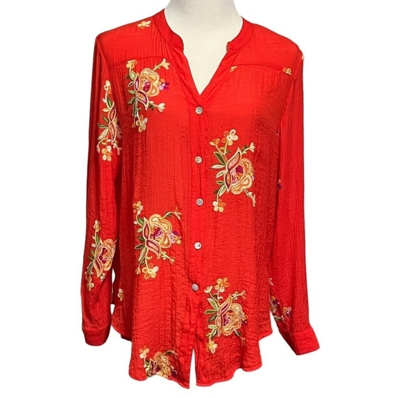 Fig & Flower Anthropologie Orange Floral Embroidered Long-Sleeved Blouse Sz. Lg. - Picture 1 of 16